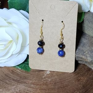Hand Crafted Black and Blue Beaded Dangle Earrings